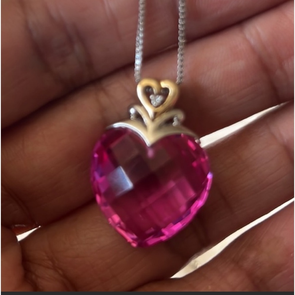 sterling silver 925 / 14 k gold necklace w lab created diamond cut heart